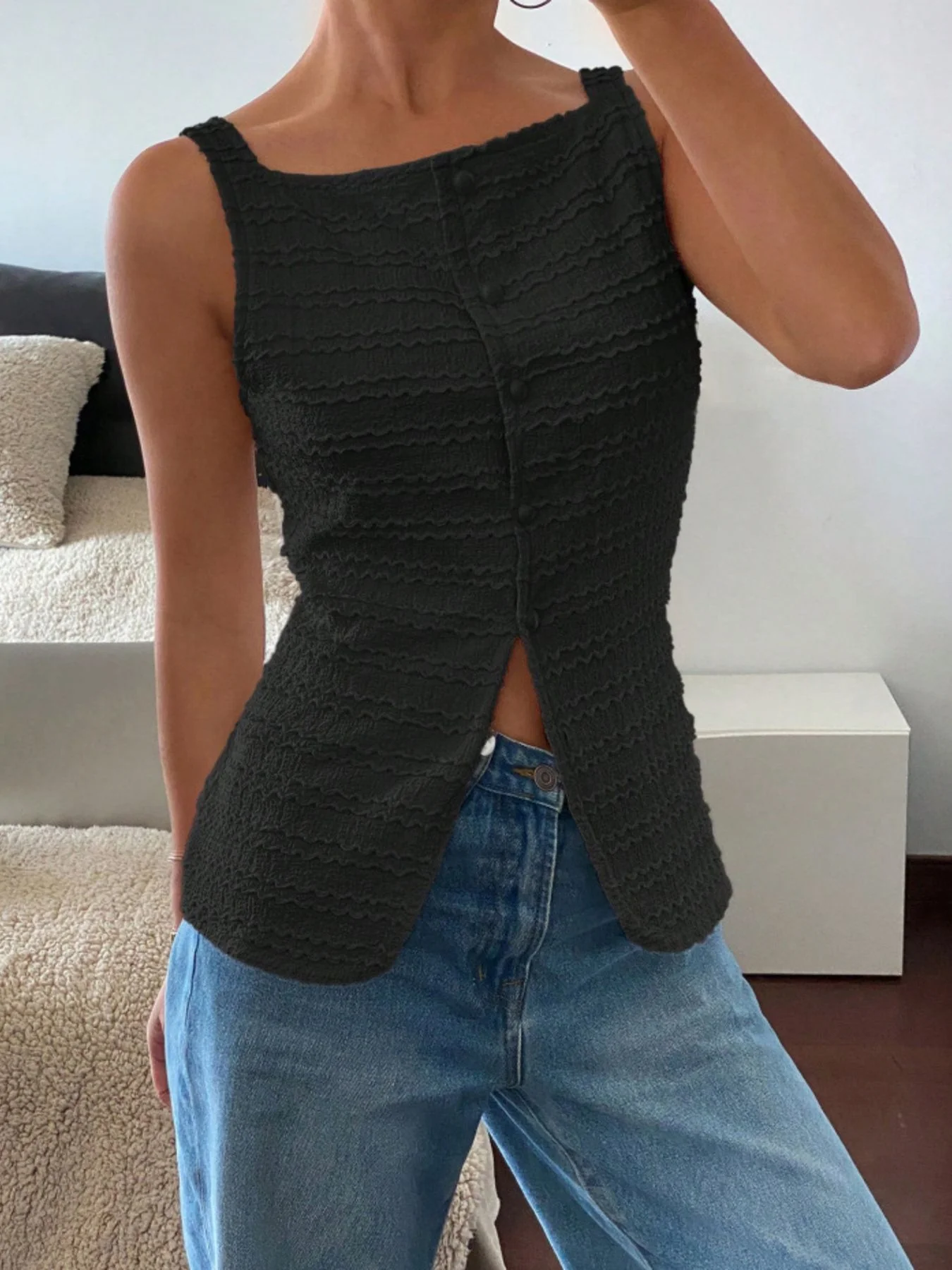 Textured Button-Front Tank