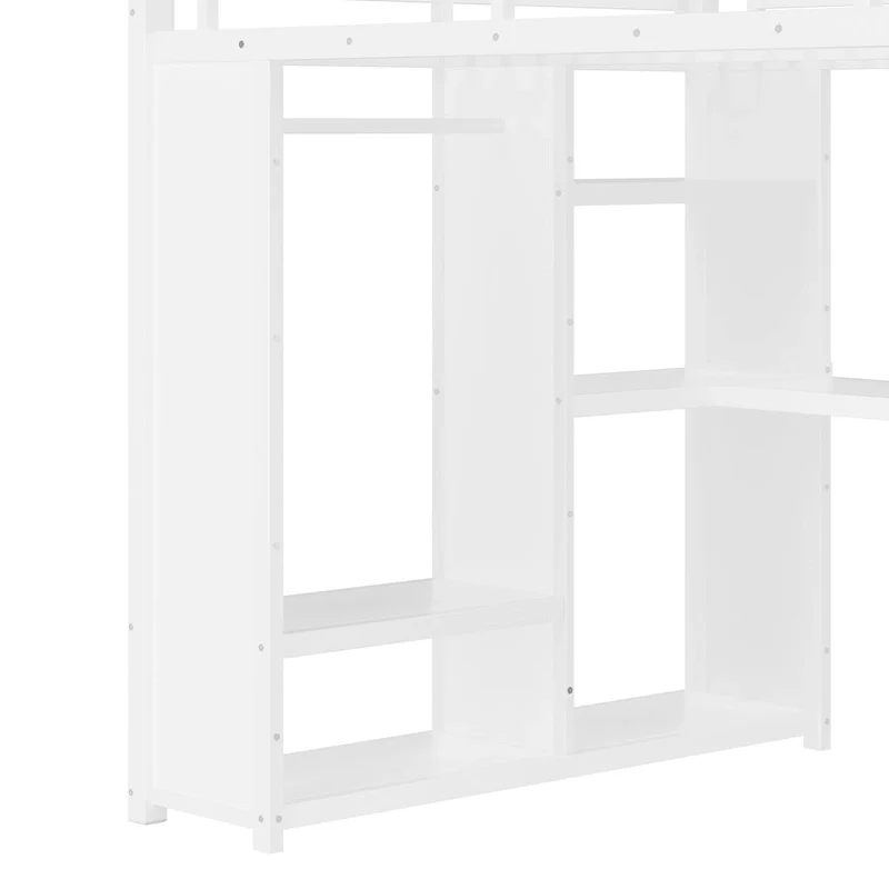 Queen Loft Bed - Built-in Wardrobe & Desk, Metal Frame with Shelves