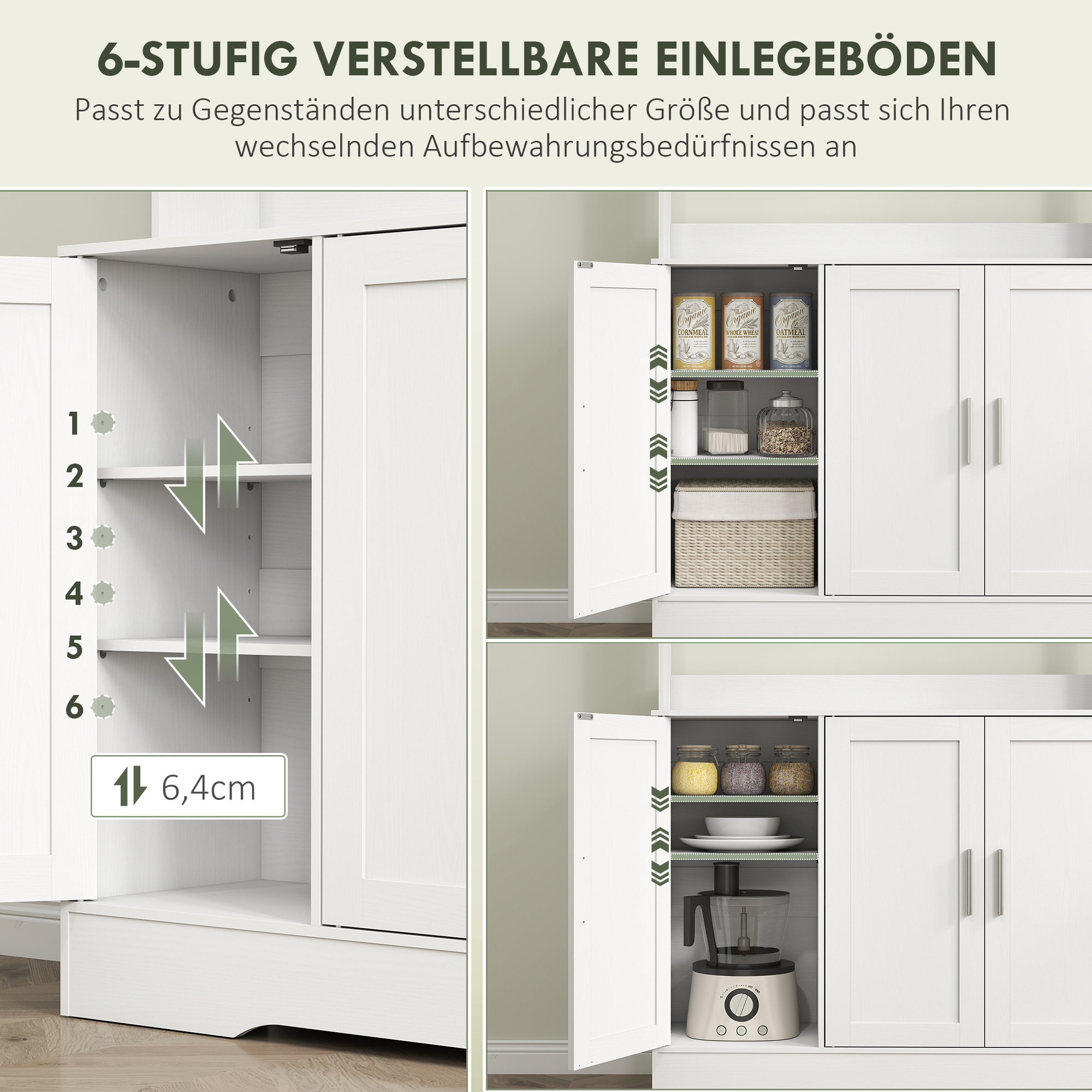 HOMCOM Keukenkast, Scandinavisch Design, 4 Kasten, Verstelbare Planken, Glazen Deuren, Open Vak, Spaanplaat, MDF, Wit