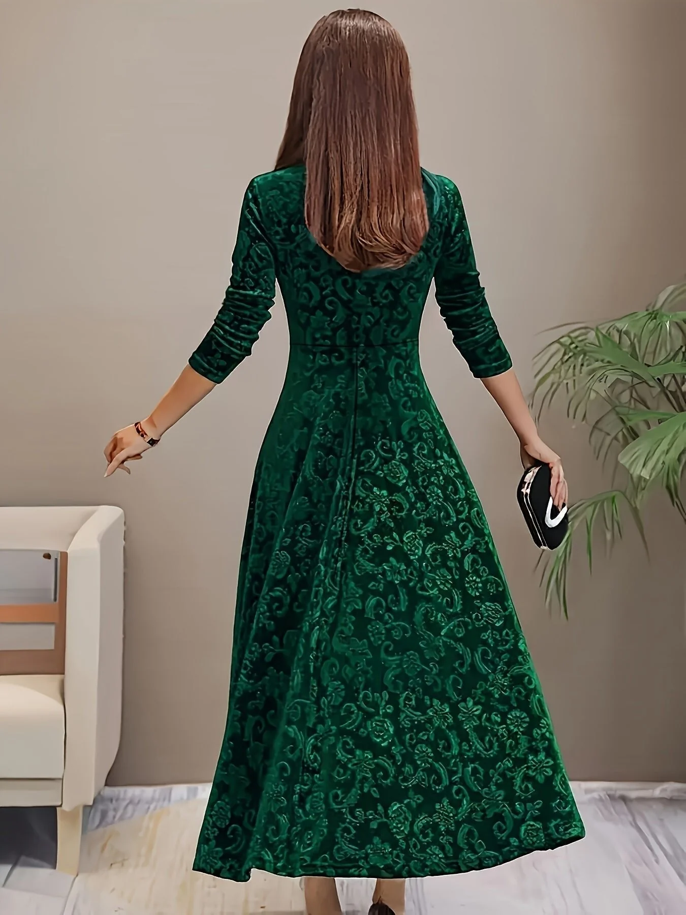 Women��s Embossed Velvet Midi Dress Elegant A-Line with Square Neckline