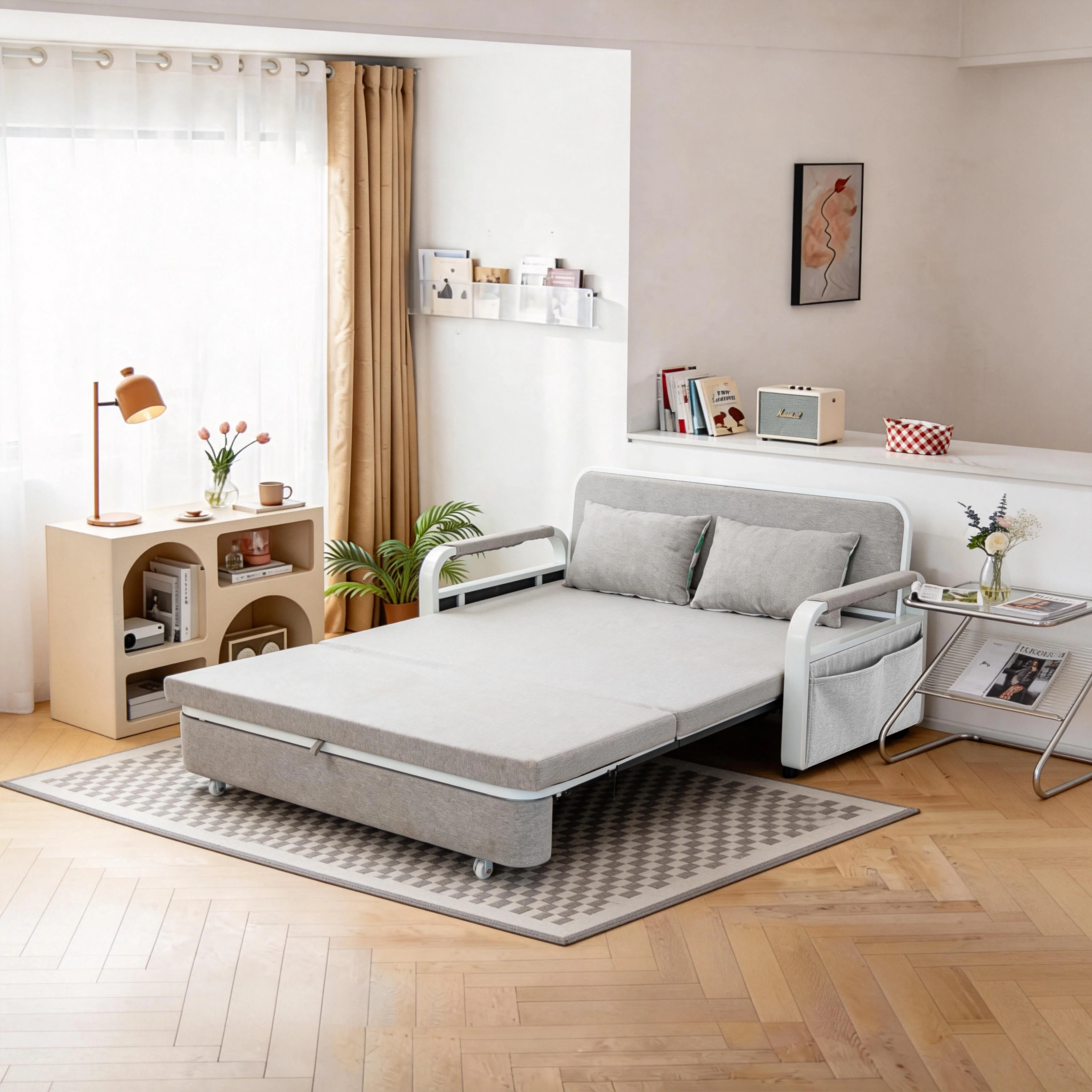 Convertible Sofa Bed with Pillows, Side Pockects and Storage Compartment, Carbon Steel and Linen Cotton
