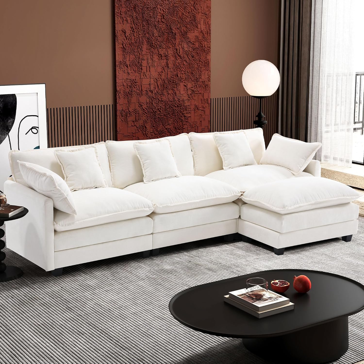 111.4 Inch L-Shaped Modern Sofa Modular Cloud Sofa Ottoman 4-Seater Chenille Deep Seat Sofa