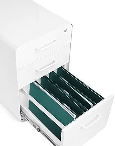 Poppin Stow 3-Drawer File Cabinet - White, 2 Utility Drawers and 1 Hanging File Drawer, Fully Painted Inside and Out, Powder-Coated Steel, Two Keys Included, Stationary