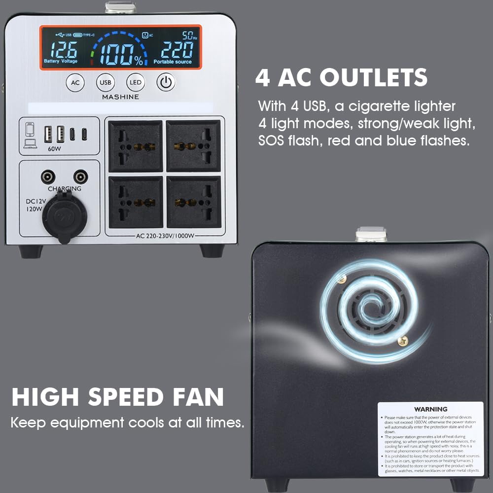 Tragbare Powerstation 1000W/666Wh, Mashine Tragbare Wiederaufladbare Generator Backup Batteriepack für Camping, Wohnmobile, Drohnen, Erste Hilfe und Außenbeleuchtung, mit 4 AC Anschlüssen