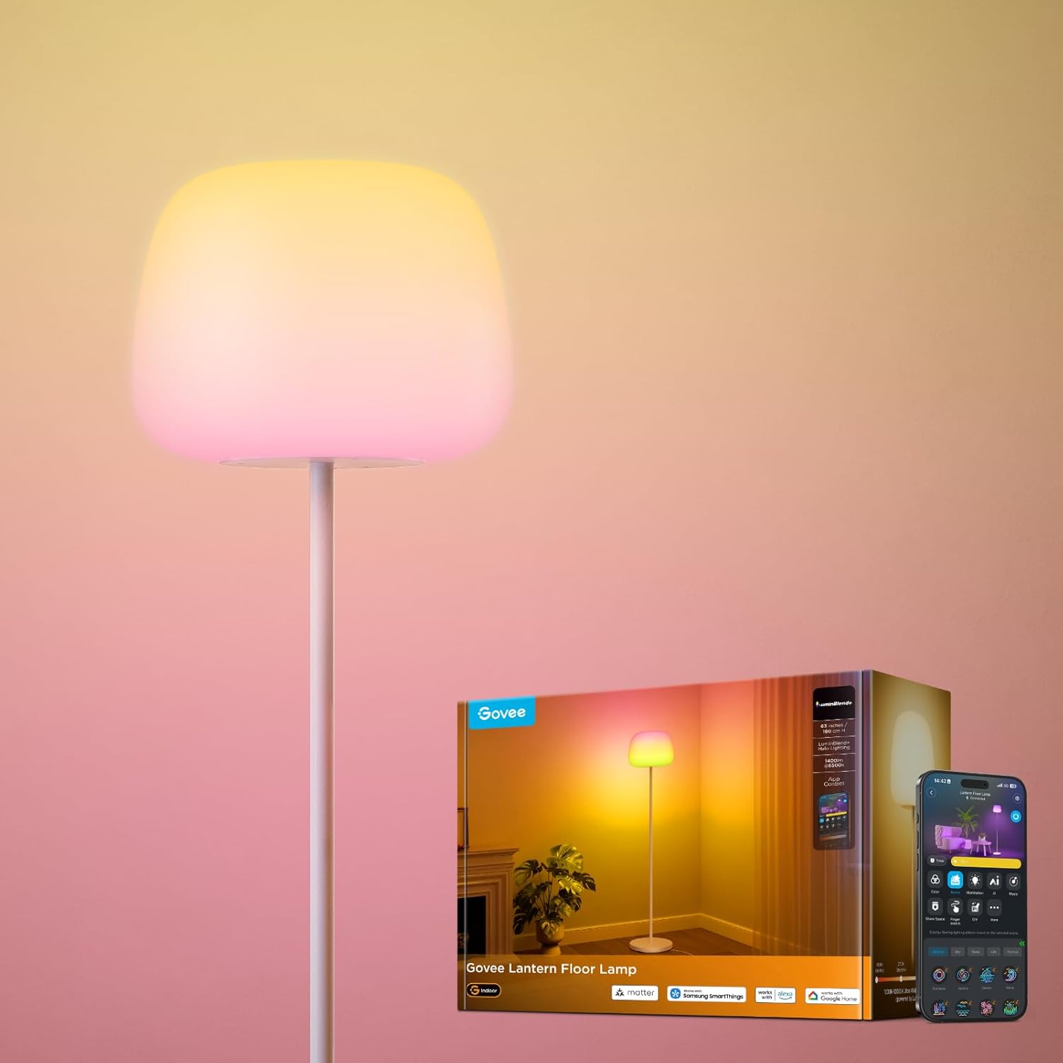 Govee Lantern Floor Lamp, Halo Gradient RGBIC Smart Corner Lamp with LuminBlend+, 1000K-10000K, Matter Compatible, 100+ Scene Modes, Music Sync, 1400lm, Modern Floor Lamps for Living Room, White