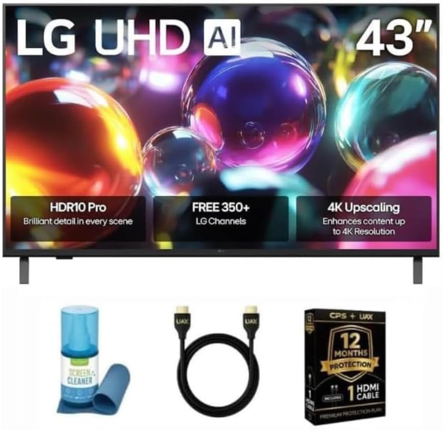 LG 43 Inch Class UA7000 Series LED AI 4K UHD Smart webOS TV 2025 HDR Voice Control Wi-Fi ThinQ AI w/Monster MCGOLDUHD5 HDMI Cable, 12 Mo CPS Protection & SURF201V Screen Cleaner