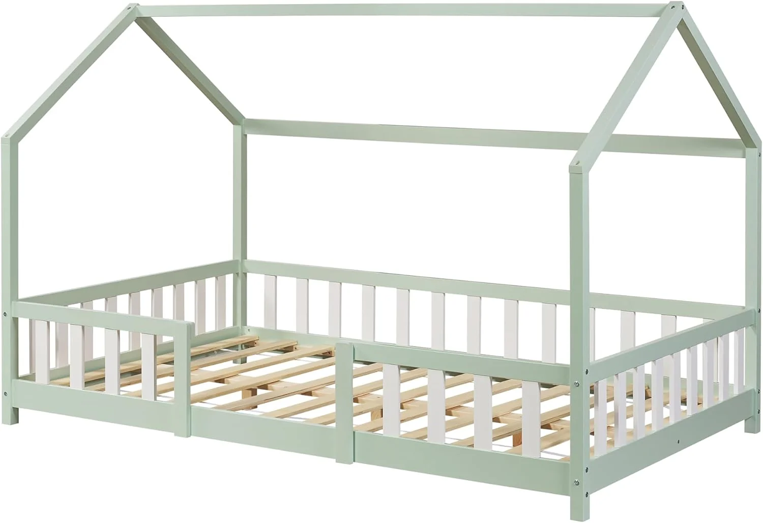 [en.casa] Letto per bambini Sisimiut a capanna 80 x 160 cm con protezione anticaduta letto in legno per bambini letto a terra rete a doghe in legno di pino Bianco opaco