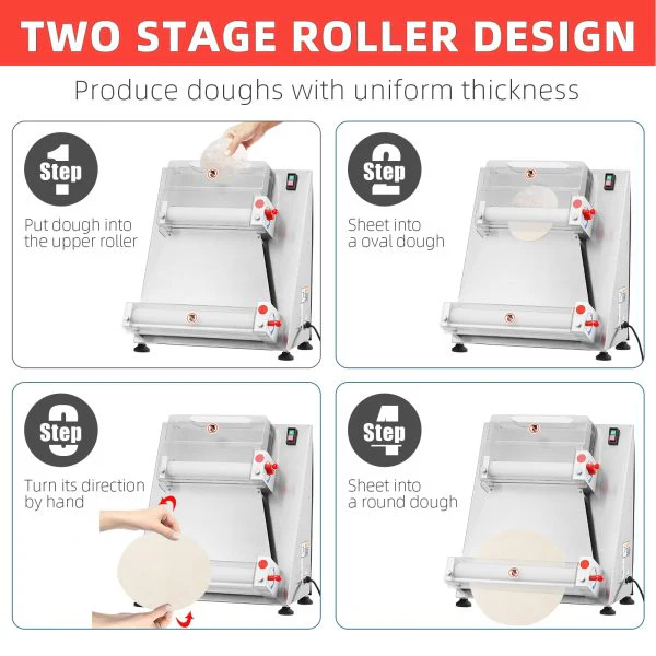 Commercial Pizza Dough Roller Sheeter, Max 16, Automatic 370W Electric Pizza Dough Roller, Stainless Steel, Suitable for Noodle, Pizza Bread and Pasta Maker Equipment