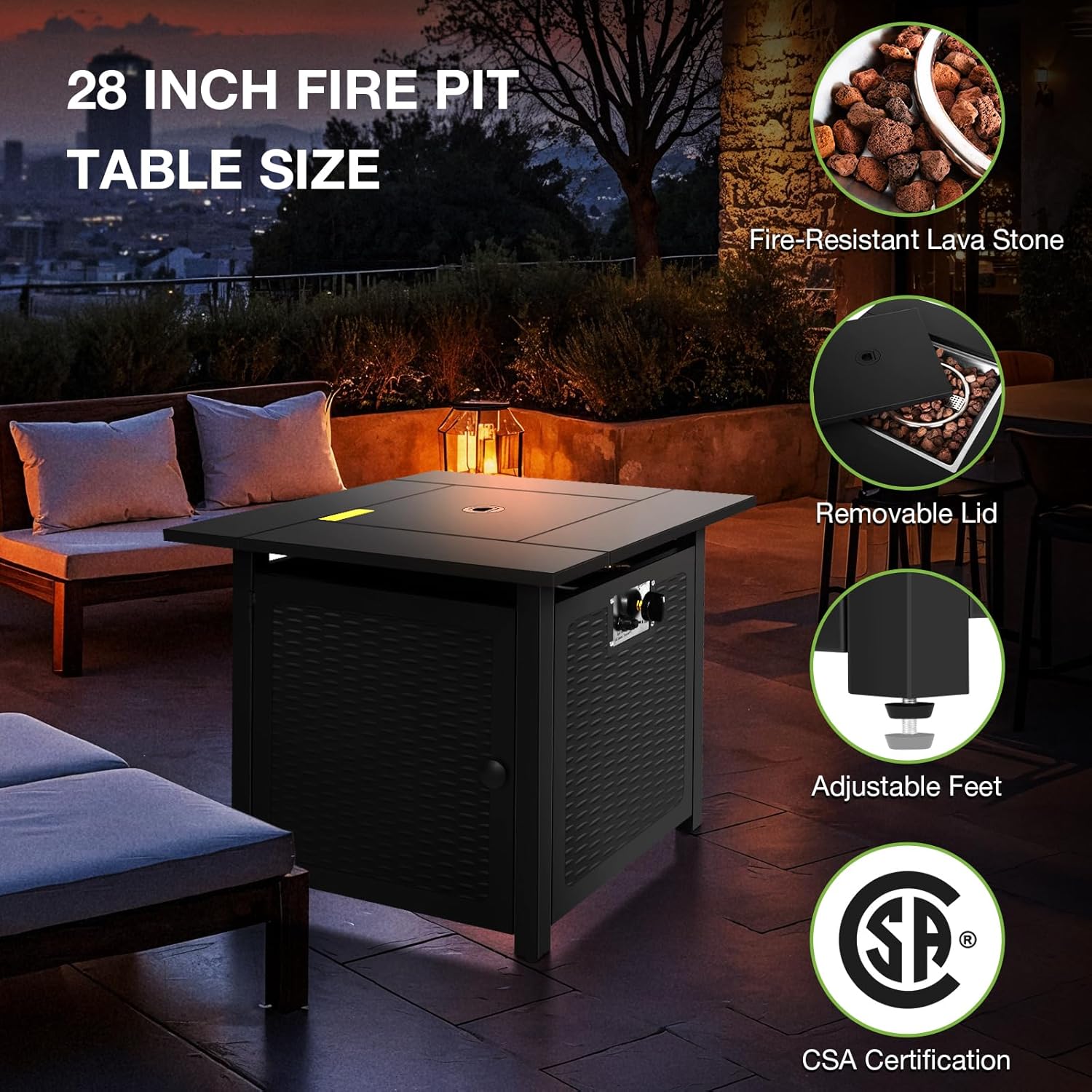 hykolity 28 inch Fire Pit Table, 50000 BTU Patio Heater, 2 in 1 Outdoor Gas Fire Pit with Removable Lid & Lava Stone, CSA-Certified for Gas Fire Pit, Deck Garden Backyard