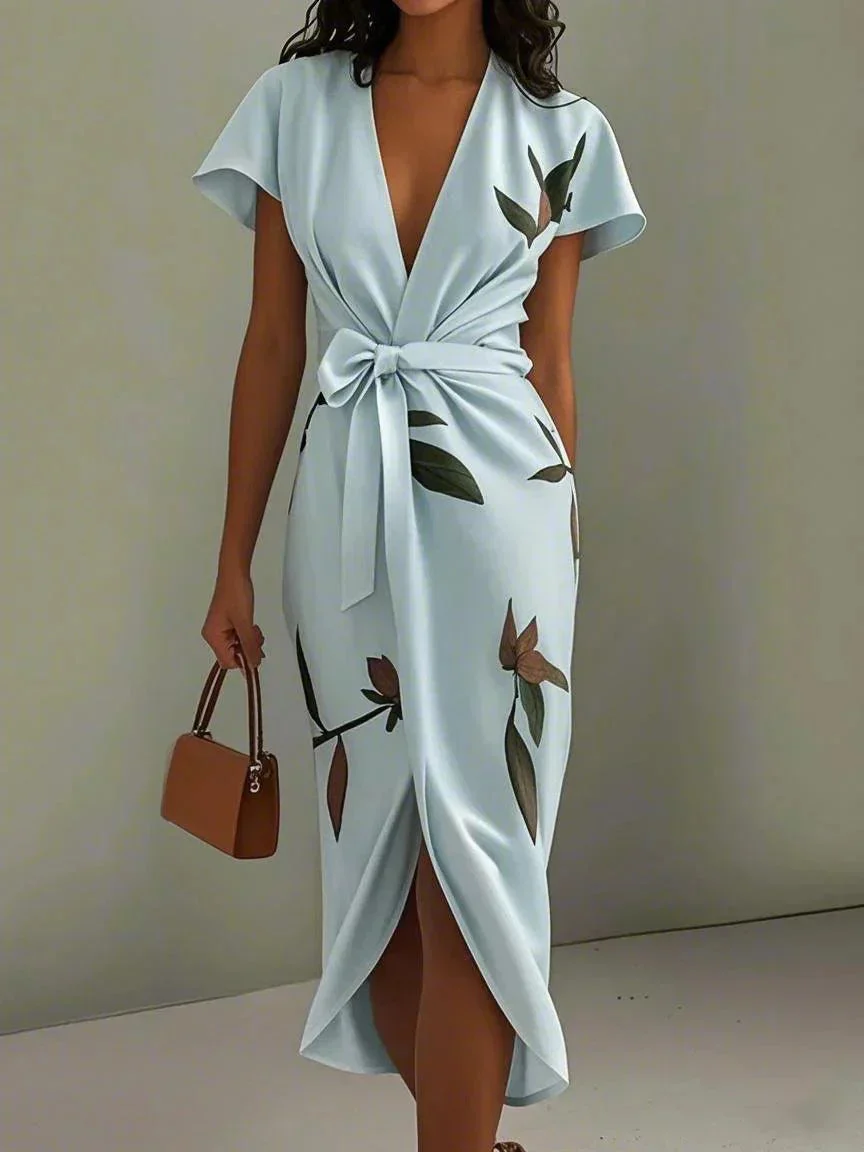 Womena??s Floral Wrap Midi Dress Elegant Tie-Waist Style