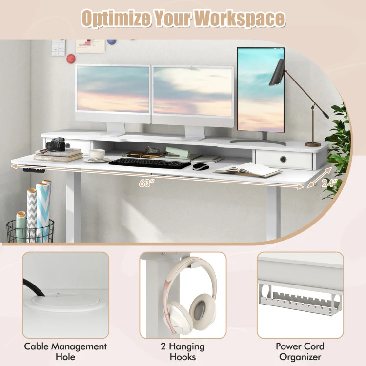 Electric Standing Desk with 2 Drawers, 3 Memory Positions, 63