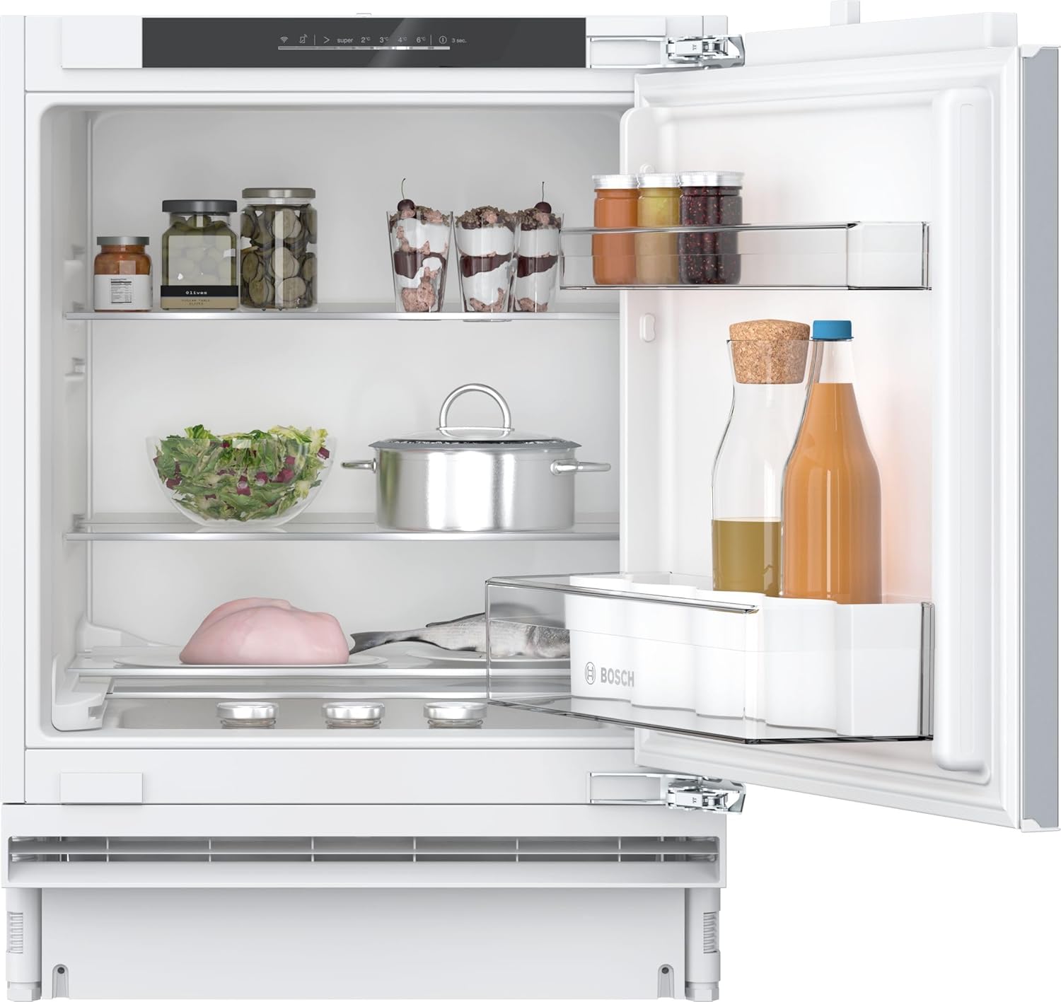 Bosch KUR21VFE0, Serie 4, Smarter Unterbau-Kühlschrank, 82 x 60 cm Nische, 134 L, Made in Germany, schnellere Kühlung auf Knopfdruck, sehr leise, Flachscharnier