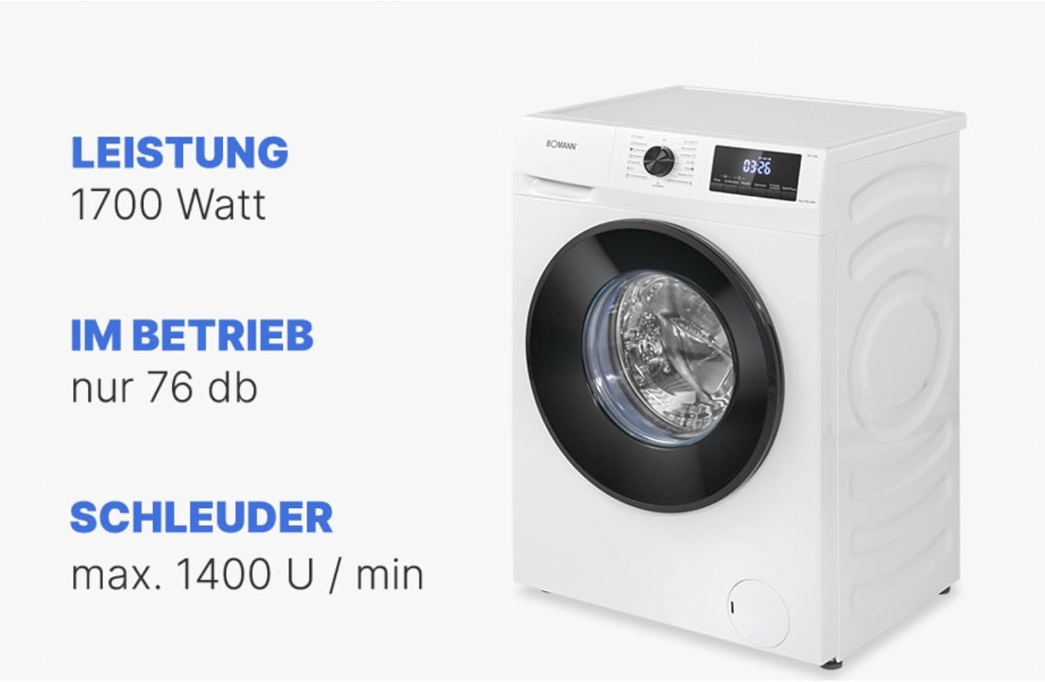 Bomann Wasmachine 7kg | maximaal 1400 tpm | 10 jaar motorgarantie | Effici?nte, stille en duurzame invertermotor | 15 programma's | Eindtijd Netnummer | LED-scherm | Wasmachine | WA 7175 wit