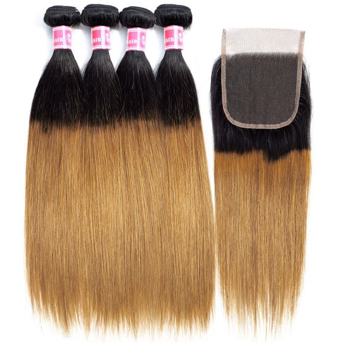 1B/30 Ombre Brazilian Virgin Straight Hair 4 Bundles With Lace Closure 10A Unprocessed Human Hair Weave