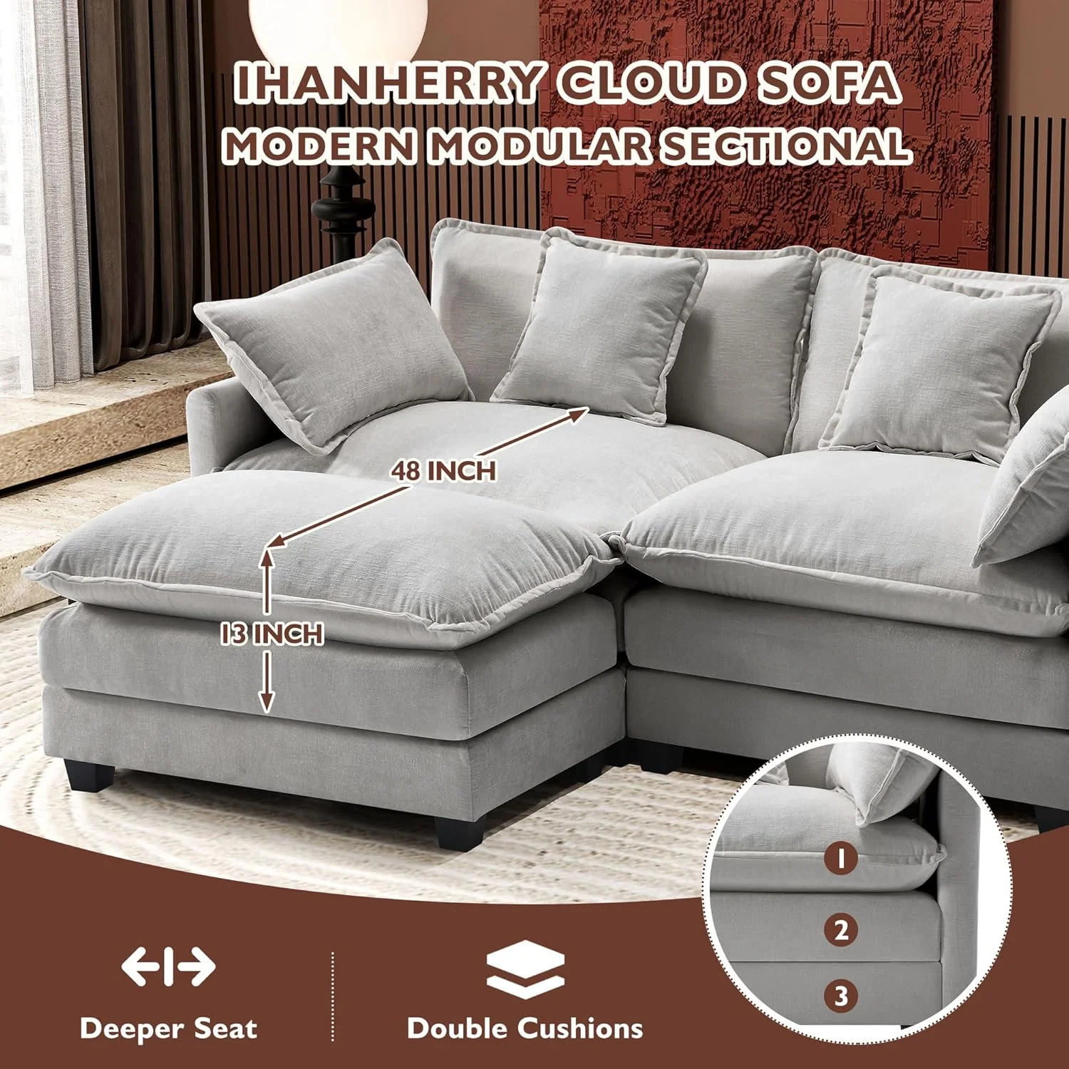 111.4 Inch L-Shaped Modern Sofa Modular Cloud Sofa Ottoman 4-Seater Chenille Deep Seat Sofa