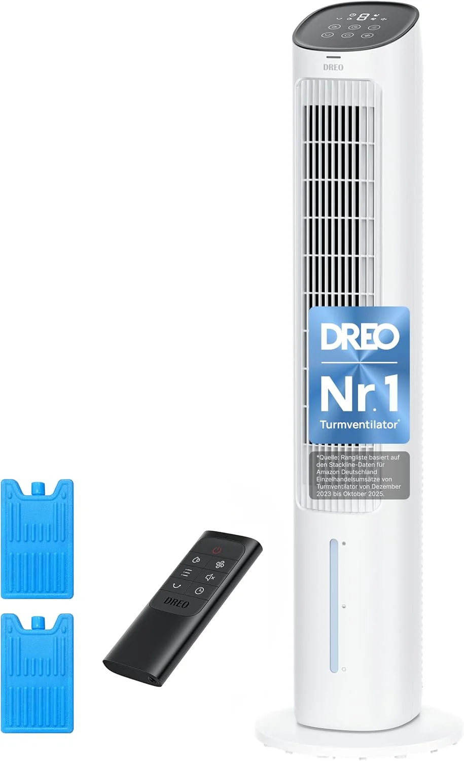 DREO toronyventilátor csendes hűtéssel, vízhűtéses ventilátor, 102 cm-es léghűtő, párologtató hűtő 80°-os oszcillációval, 3 üzemmód, 4 sebesség, távirányító, fehér