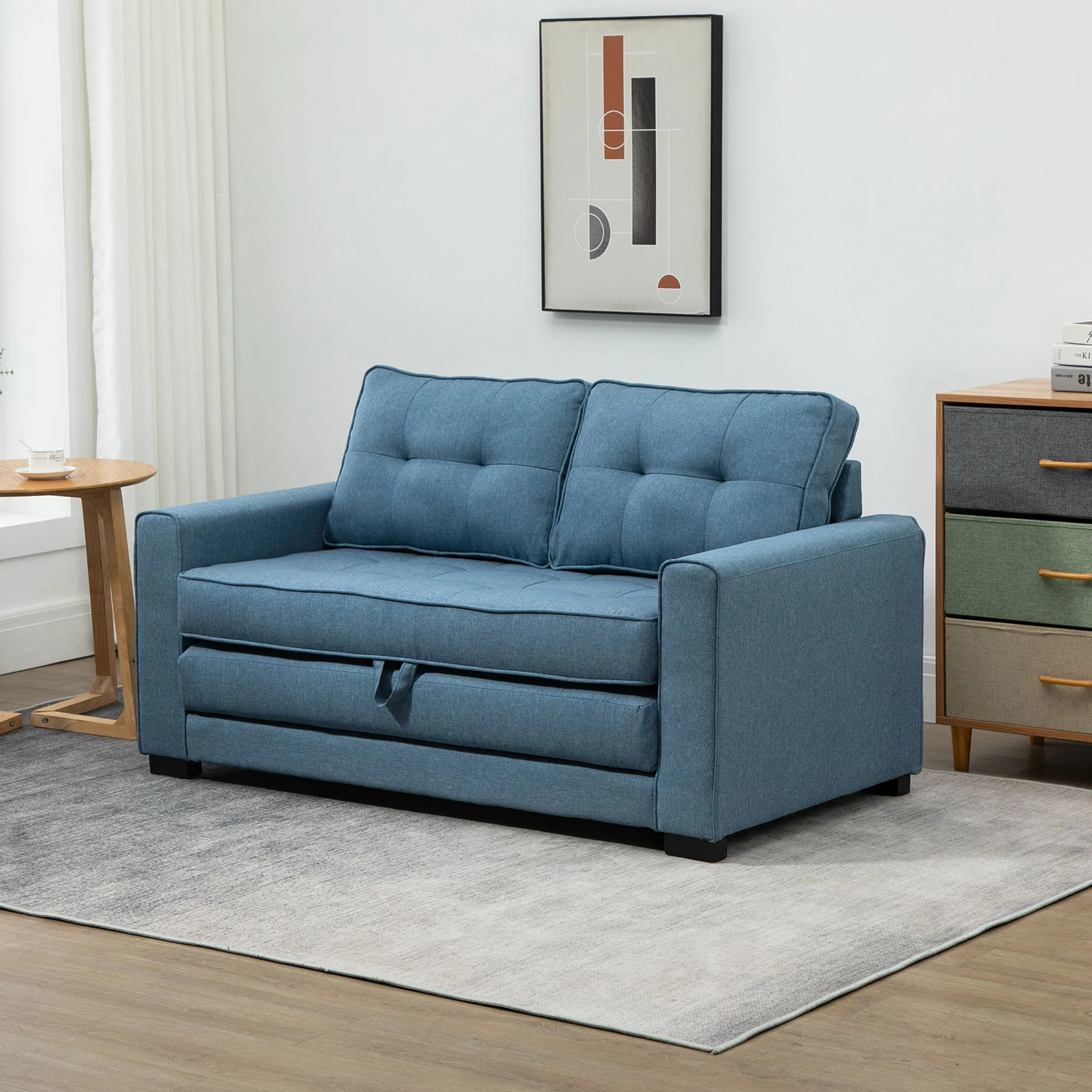 HOMCOM slaapbank, opklapbare sofa 2-zits, stoffen slaapbank, sofa met slaapfunctie, linnen touch, rubber hout, blauw, 147.5 x 75 x 85 cm