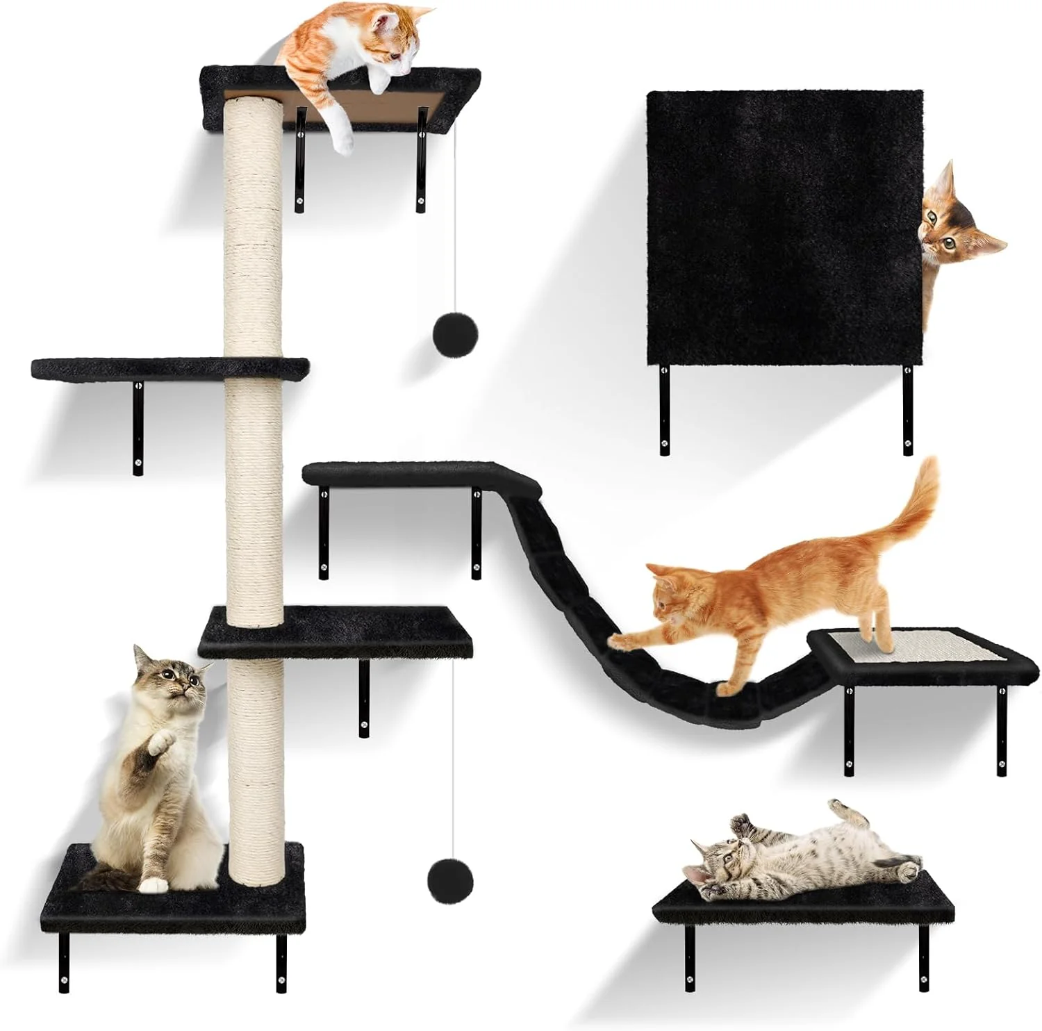 Zvonema Parete da arrampicata 10 pezzi-Amaca per gatti,Ponte sospeso con sisal antiscivolo,Tiragraffi con sisal,Riposo e mensola da parete da gioco con pallina,Parete da arrampicata per gatti fino a 10 kg