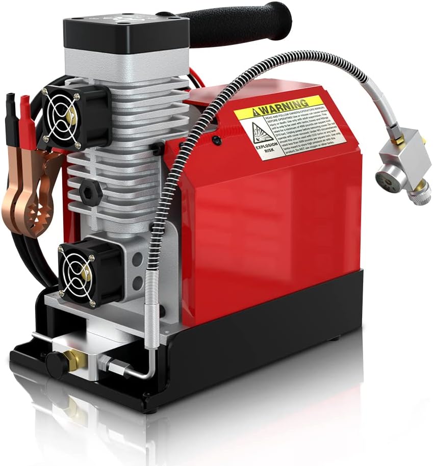 CS2 hordozható PCP légkompresszor, 4500Psi/30Mpa, olajmentes, autós 12V DC-ről vagy otthoni 110V AC-ről adapterrel (tartozék) működtethető, paintball tartály kompresszor extra nedvesség-olaj leválasztóval