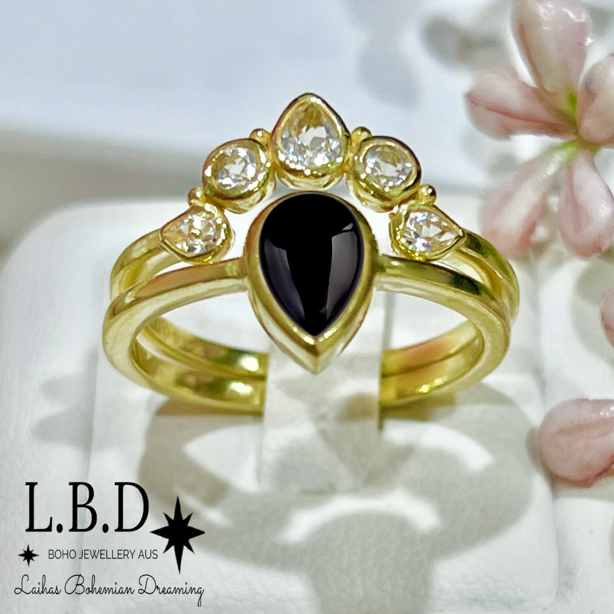 Laihas Queen Of Cups Gold Topaz and Onyx Ring Set