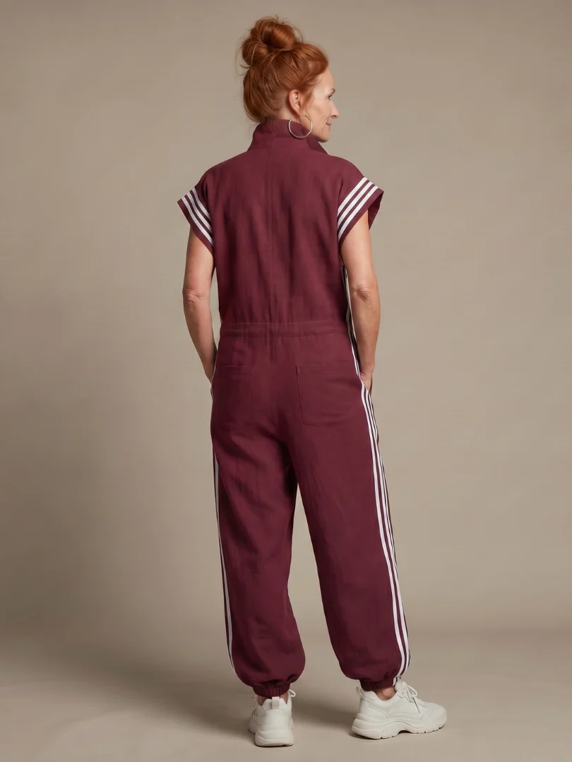 Women��s Zip Front Jumpsuit with Stripe Panel Detail