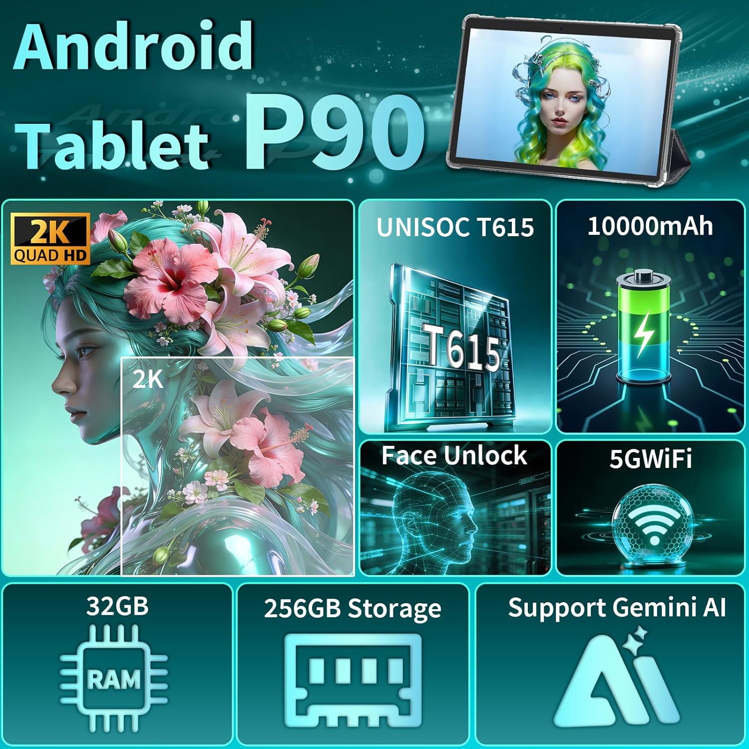13 Inch Tablet, Android 16 Tablet with Keyboard, 32GB+256GB+2TB Expand, 120Hz 1920x1200 IPS Display, Gemini AI, 10000mAh, 8-Core, Wi-Fi, GPS, Large Screen 2K Tablet PC with Case, Mouse, Stylus(Silver)