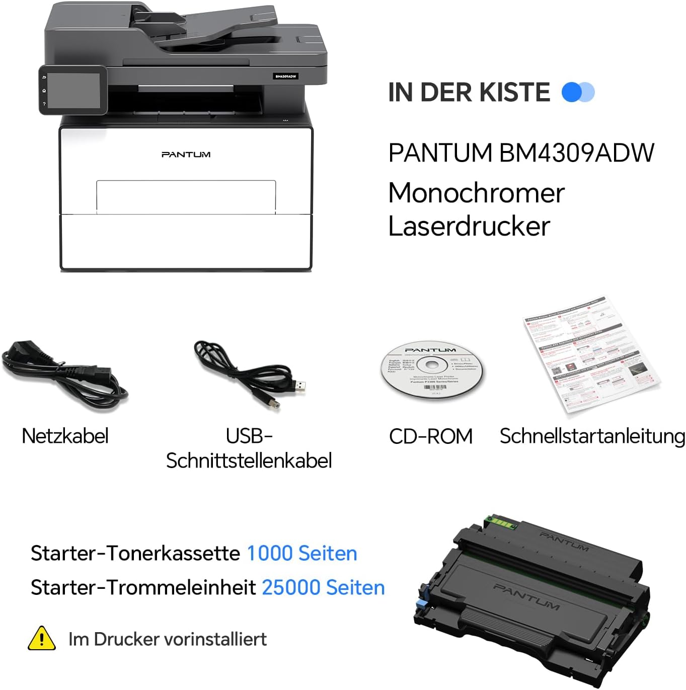 PANTUM BM4309ADW Multifunktionsdrucker Laserdrucker Schwarz Weiss, Automatischer Duplexdruck, Drucker Scanner Kopierer mit ADF, WLAN/LAN/USB, 3,5-Zoll-Touchscreen, 30ppm
