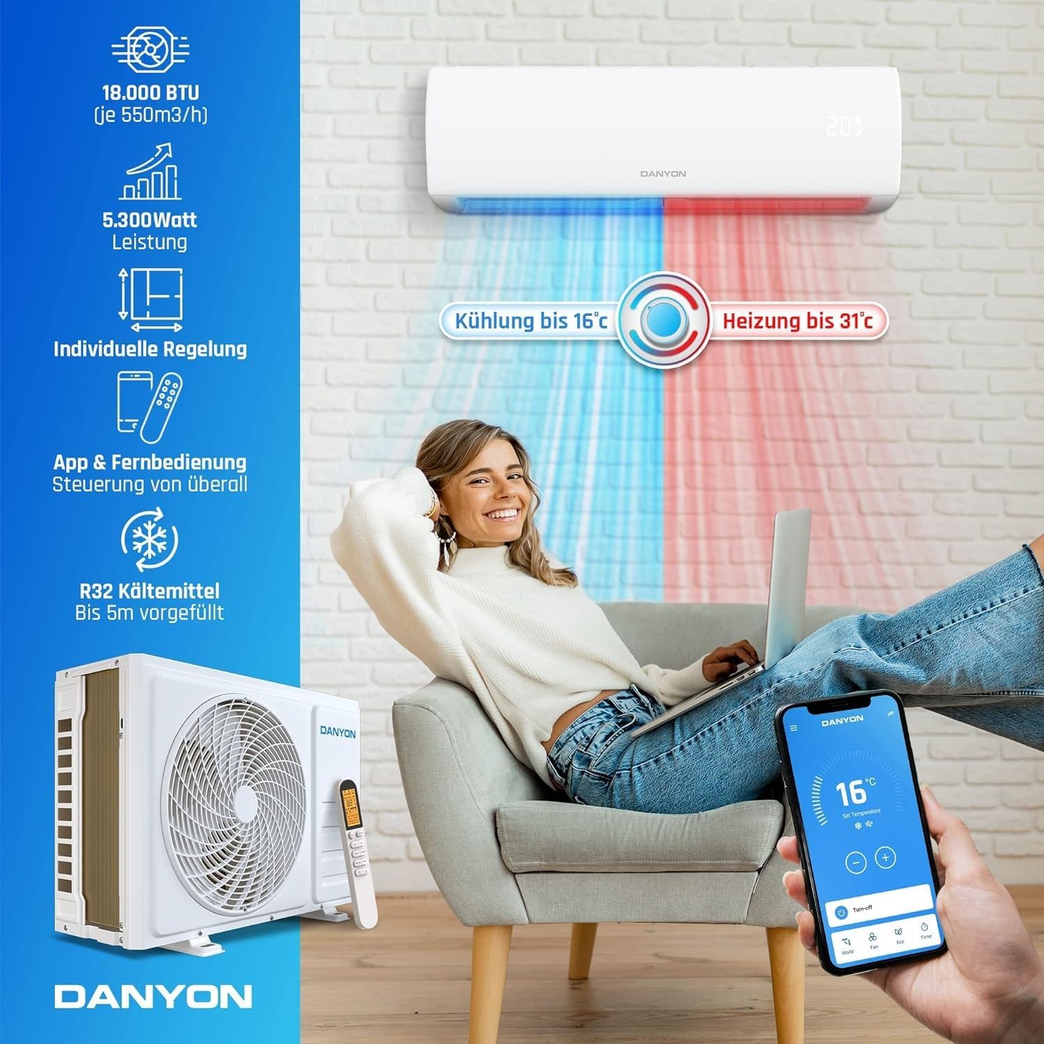 Danyon Multisplit Klimaanlage 2 Innengeräte - 18000 BTU - 5,2 kW, sehr leise & energiesparend, Smart Home, Inverter Klimagerät mit Heizfunktion, WiFi und App, Splitgerät vorgefüllt mit R32 Kältemittel
