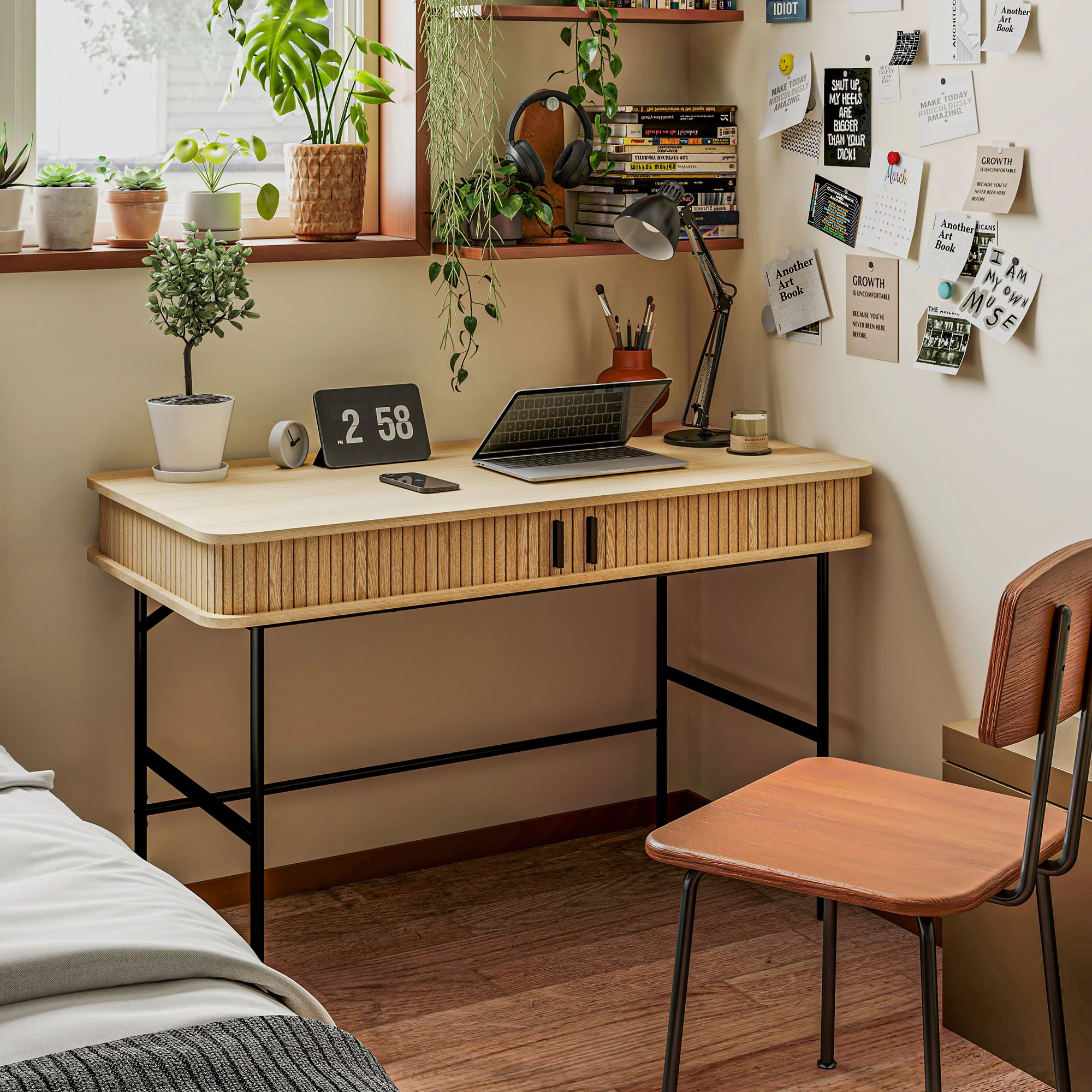 HOMCOM Bureau, Retrostijl, Lamellendecor, Opbergvakken, Stalen Poten, 120 x 60 x 76,5 cm, Eik/Zwart