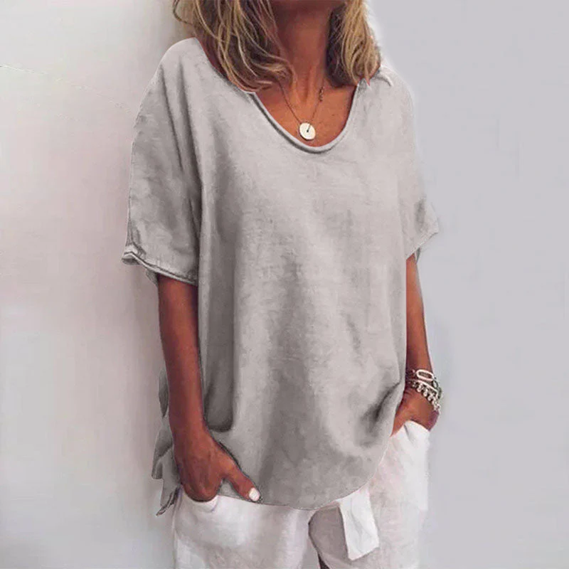 Women��s Loose V-Neck Blouse Short Sleeve in Soft Pink for Summer