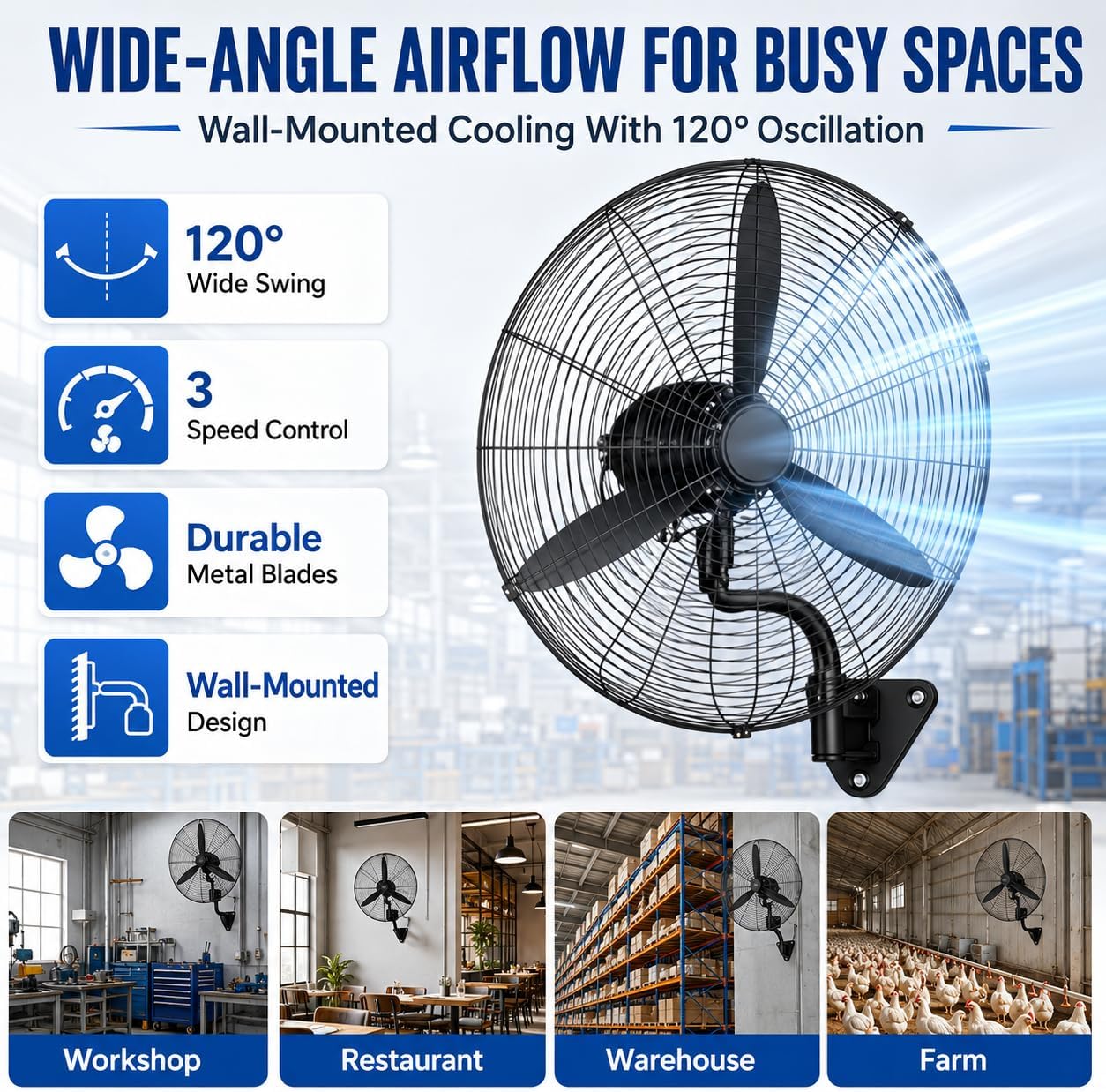 TsoLay Industrieller Wandventilator, Oszillierender Hochgeschwindigkeitsventilator, Robustes Metall, 3 Geschwindigkeiten, 120° Oszillation & 30° Einstellbar, Für Gewerbe, Wohnbereich, Garage