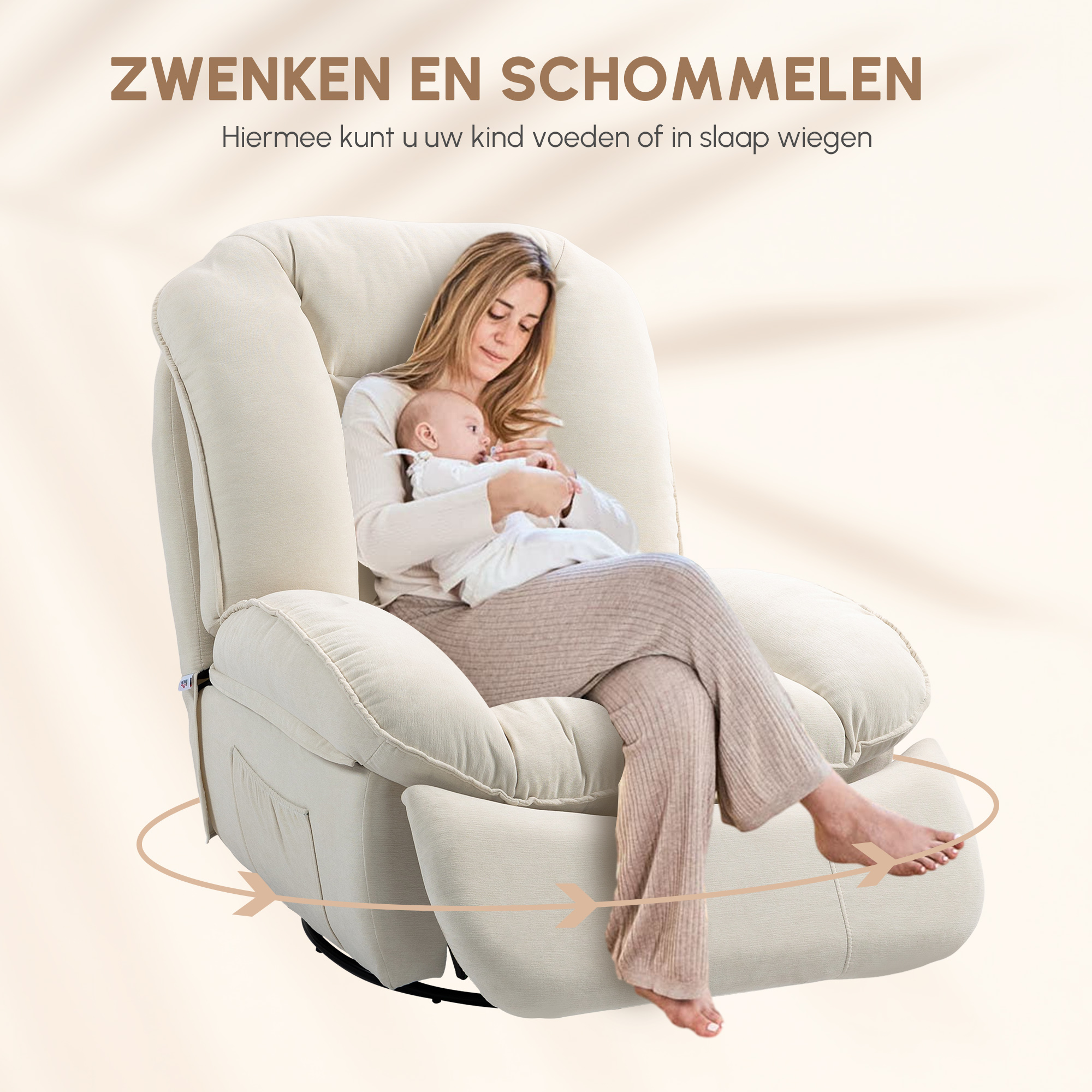 HOMCOM Relaxfauteuil, verstelbaar, 104x100x102cm/164x76cm, Crème Wit