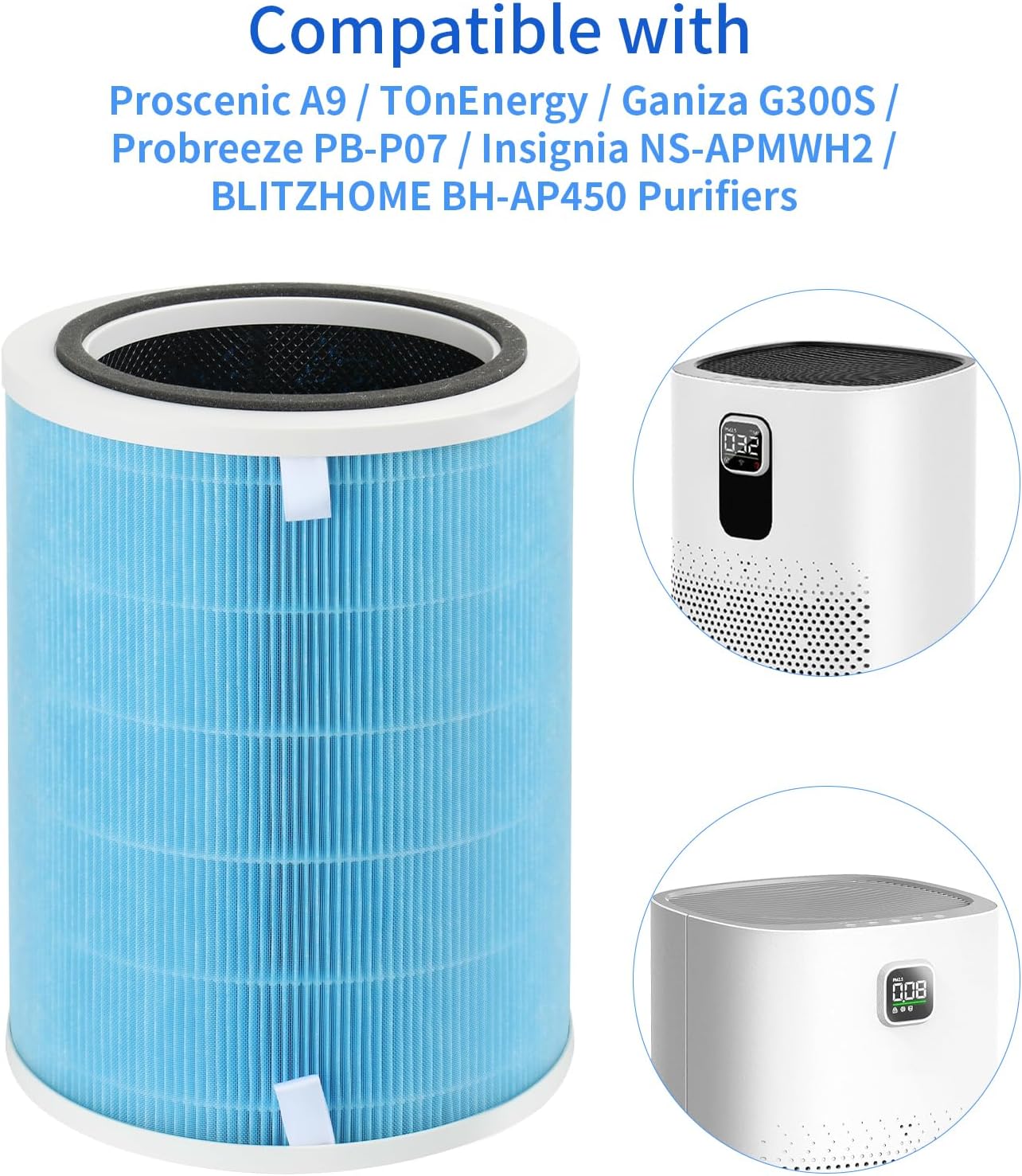 True HEPA-Ersatzfilter, kompatibel mit Proscenic A9 und TOnEnergy, Ganiza G300S Luftreinigern, auch kompatibel mit Probreeze PB-P07 und Insignia NS-APMWH2, BLITZHOME BH-AP450, 2 Stück