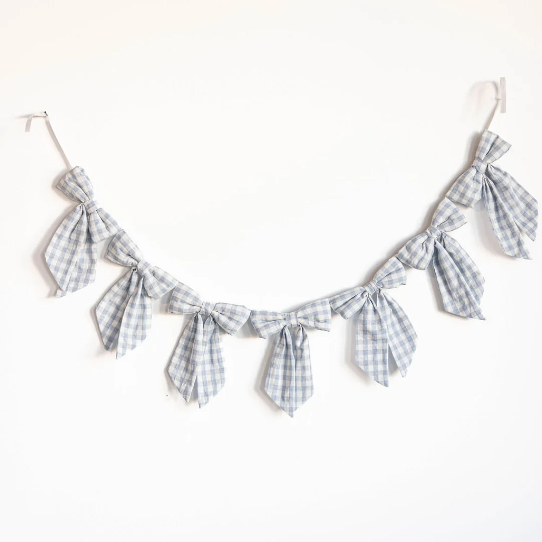 Baby Blue Gingham Fabric Bows Garland