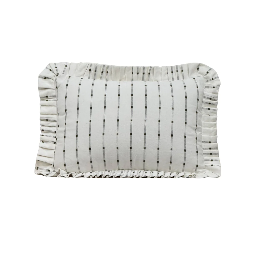 Ruffle Lumbar Pillow Cover White Embroidery Olive Green Stripes
