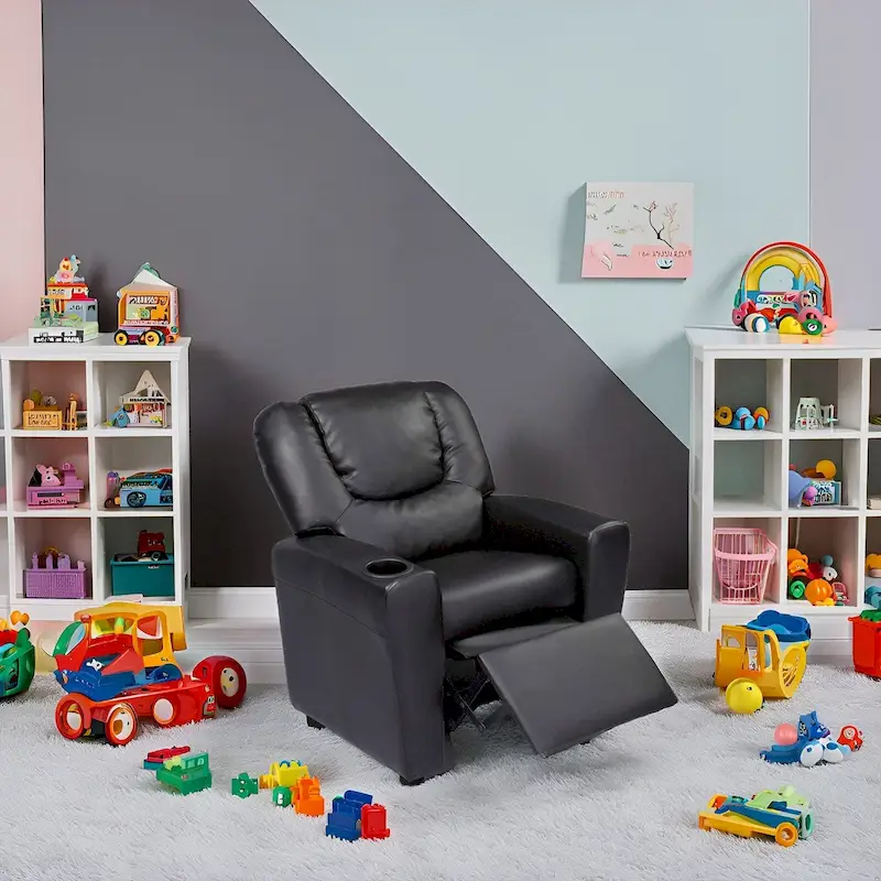 PVC Kids Recliner Chair with Push-Back Reclining Function, Cup Holder, and Comfortable Footres