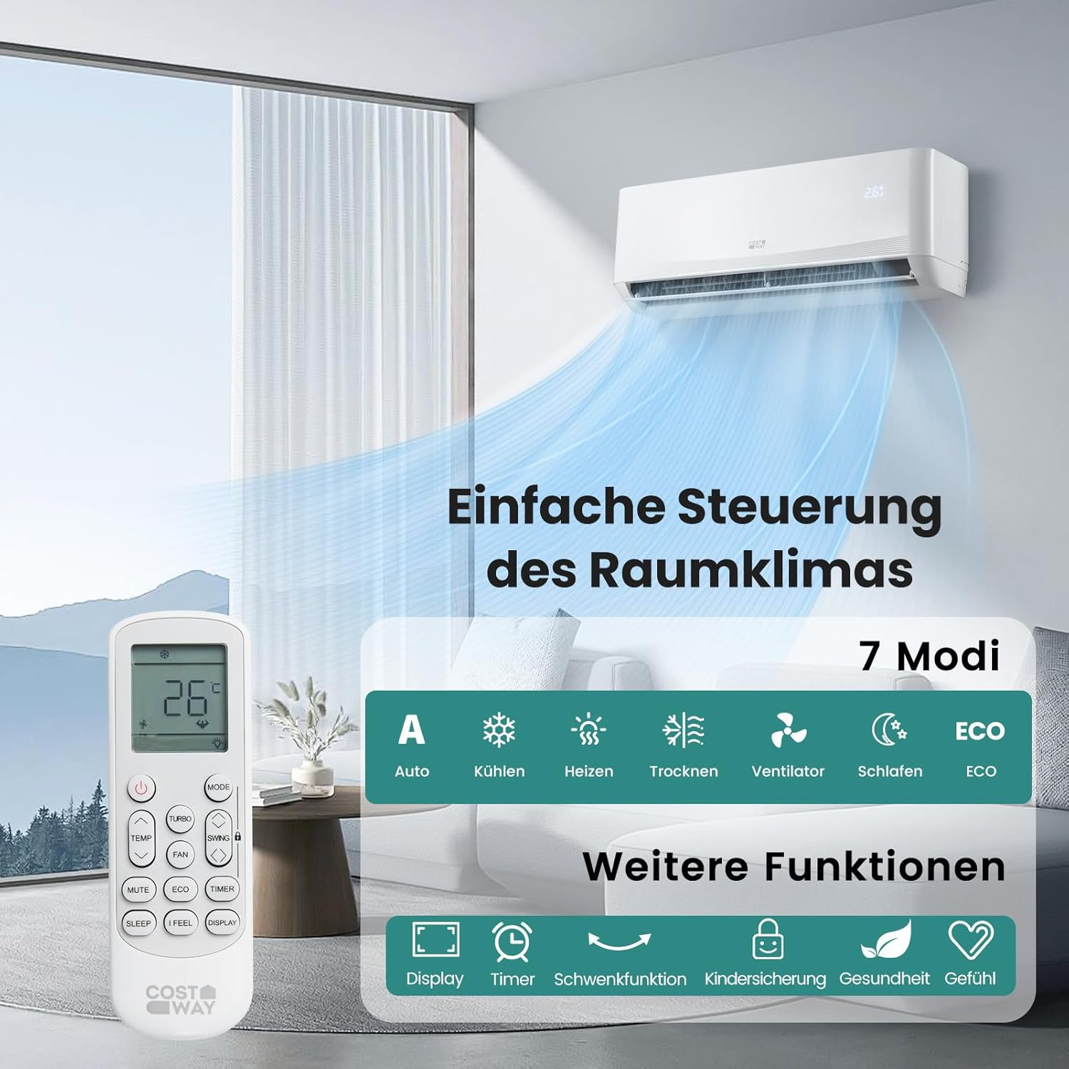 COSTWAY 12000BTU Split Klimageräte, Klimaanlage 3,4kW mit Heizfunktion, Air Conditioner energiesparend inkl. Kupferleitung, Kältemittel R32, Selfclean, Wandmotage für 70m³ Räume