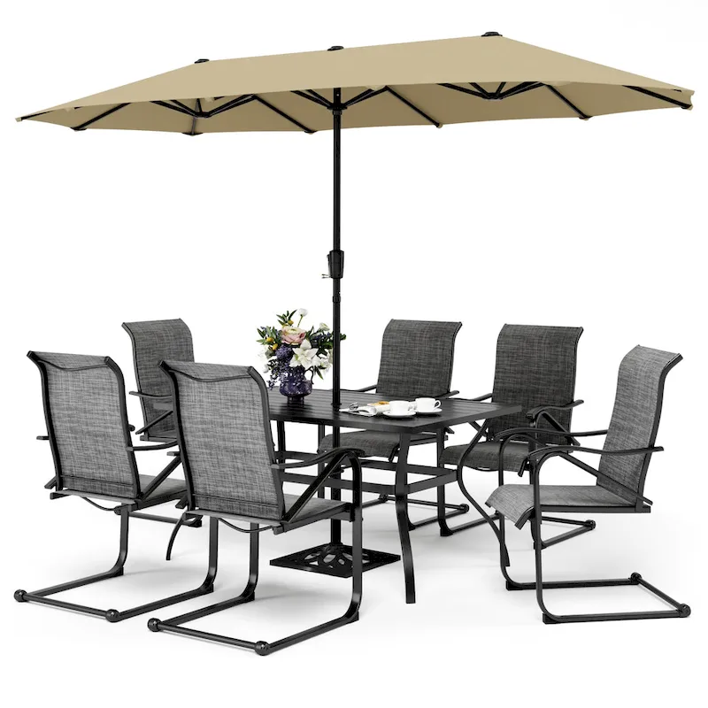 7/8-Piece Patio Dining Set including 60x38 Slatted Metal Table with 1.56 Umbrella Hole and 6 Spring Motion Chairs