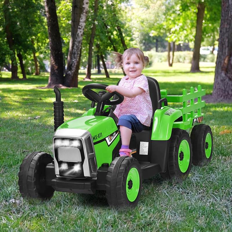 Gyermek traktor utánfutóval, 12V akkumulátoros elektromos jármű, 3 sebességes rakodóval