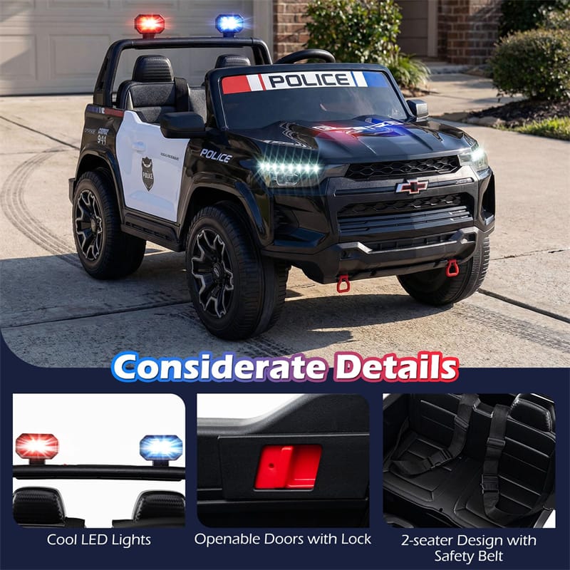 24V 4WD 2-Seater Ride on Police Car, Licensed Chevrolet Kids Electric Vehicle with Remote Control, Megaphone, Siren, Flashing LED Lights & Storage