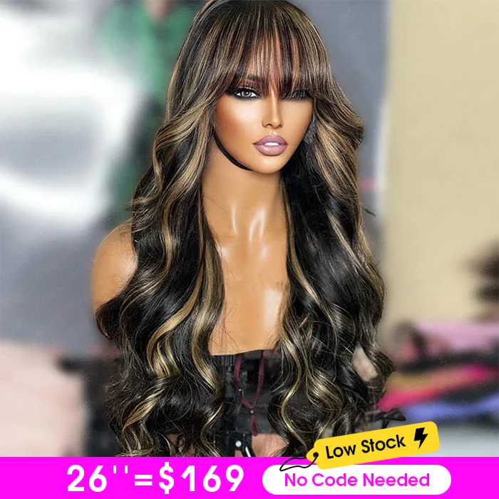 Highlights Body Wave Wig with Bangs Glueless Throw on & Go Cost-effective Wig