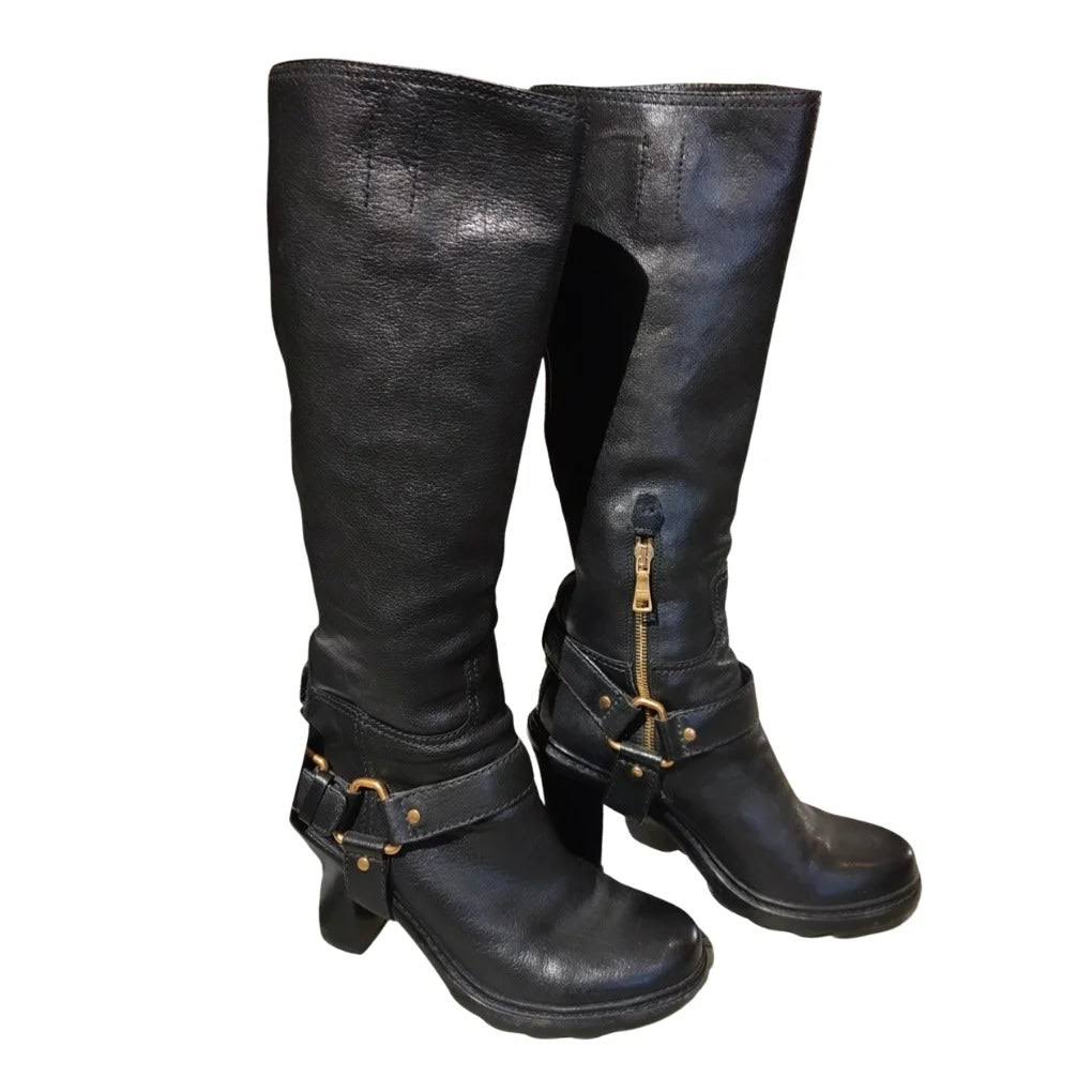 Vintage Black Leather Knee-High Boots with Buckle Details
