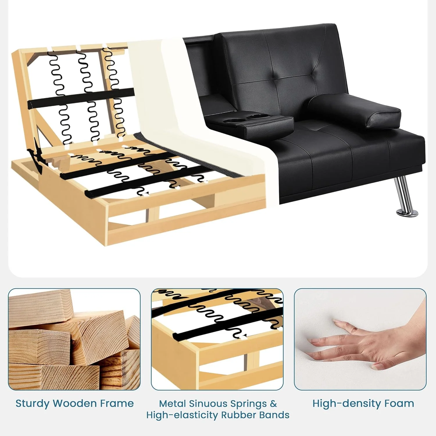 Yaheetech Convertible Sofa Bed Adjustable Couch Sleeper Modern Faux Leather Home Recliner Reversible Loveseat Folding Daybed Guest Bed, Removable Armrests, Cup Holders, 3 Angles, 772lb Capacity, Black