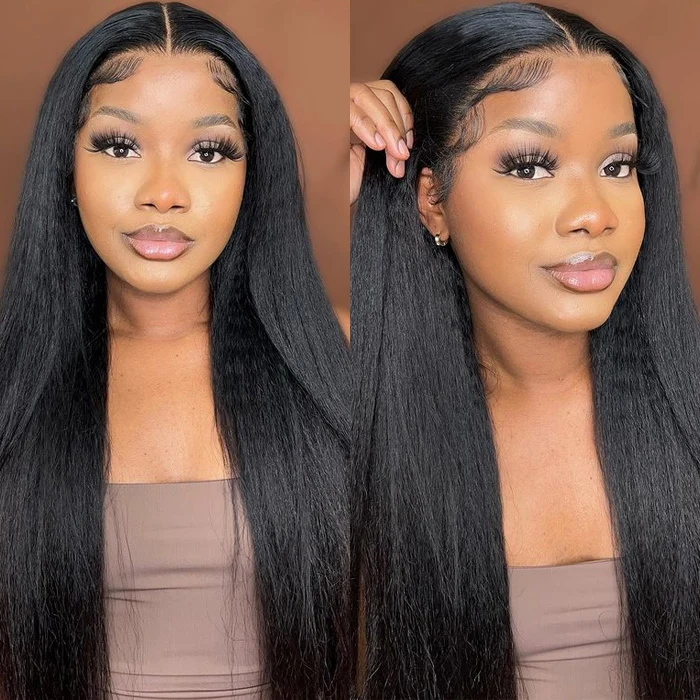 Natural Realistic Kinky Straight HD Lace Frontal Wig 100% Human Virgin Hair With Pre Plucked Glueless Closure Wig