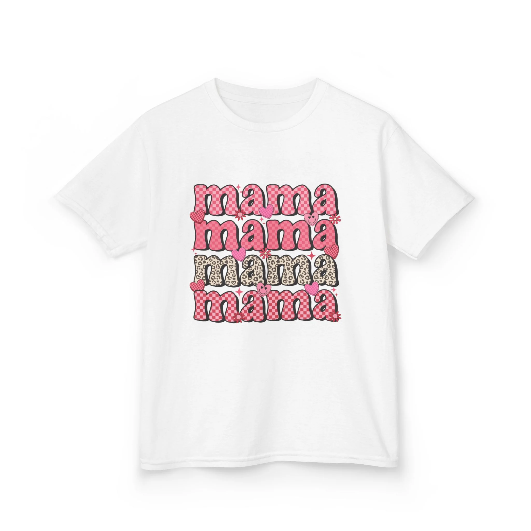 mama stacked text Kids Tee | Retro Pink Pattern