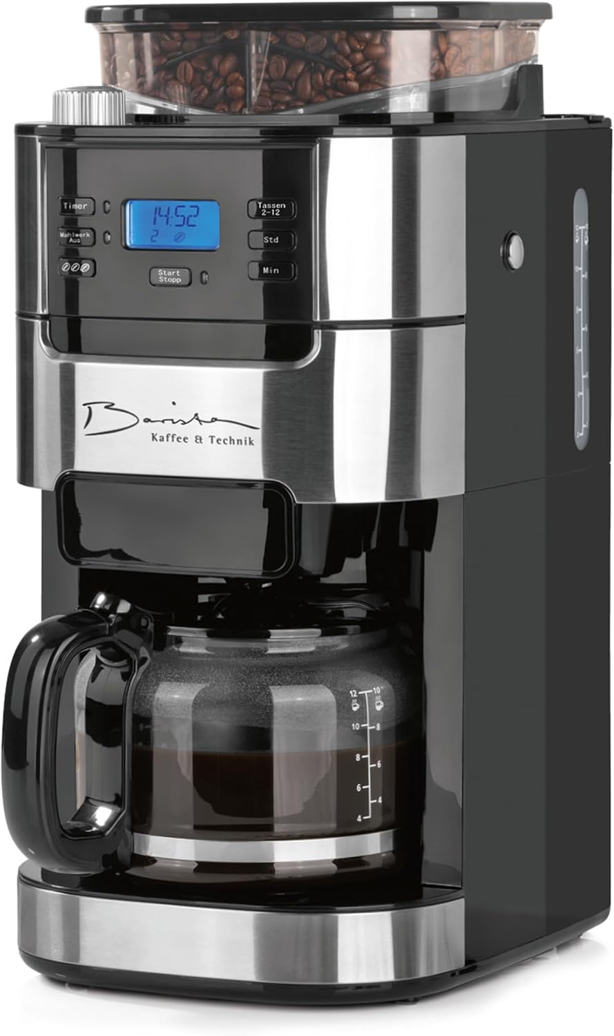 Barista Filterkaffeemaschine mit verstellbarem Mahlwerk & Thermokanne | Warmhaltefunktion, 24h Timer & Permanentfilter | Für 10 Tassen Kaffee | Kaffeemaschine für Bohnen & Pulver [Edelstahl]