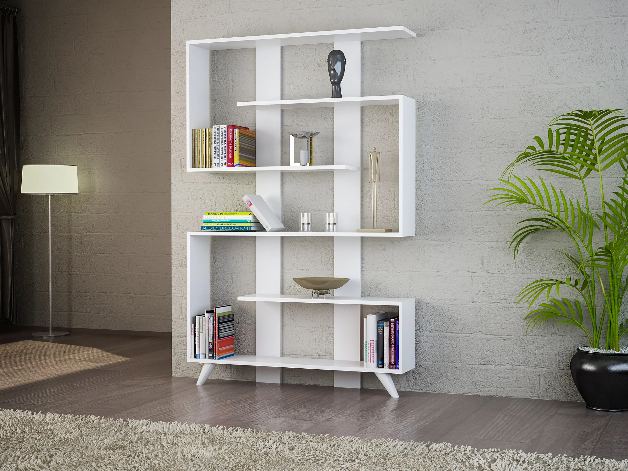 Scaffale libreria labirinto stile moderno a 6 ripiani in legno cm 120x20x162h - vari colori