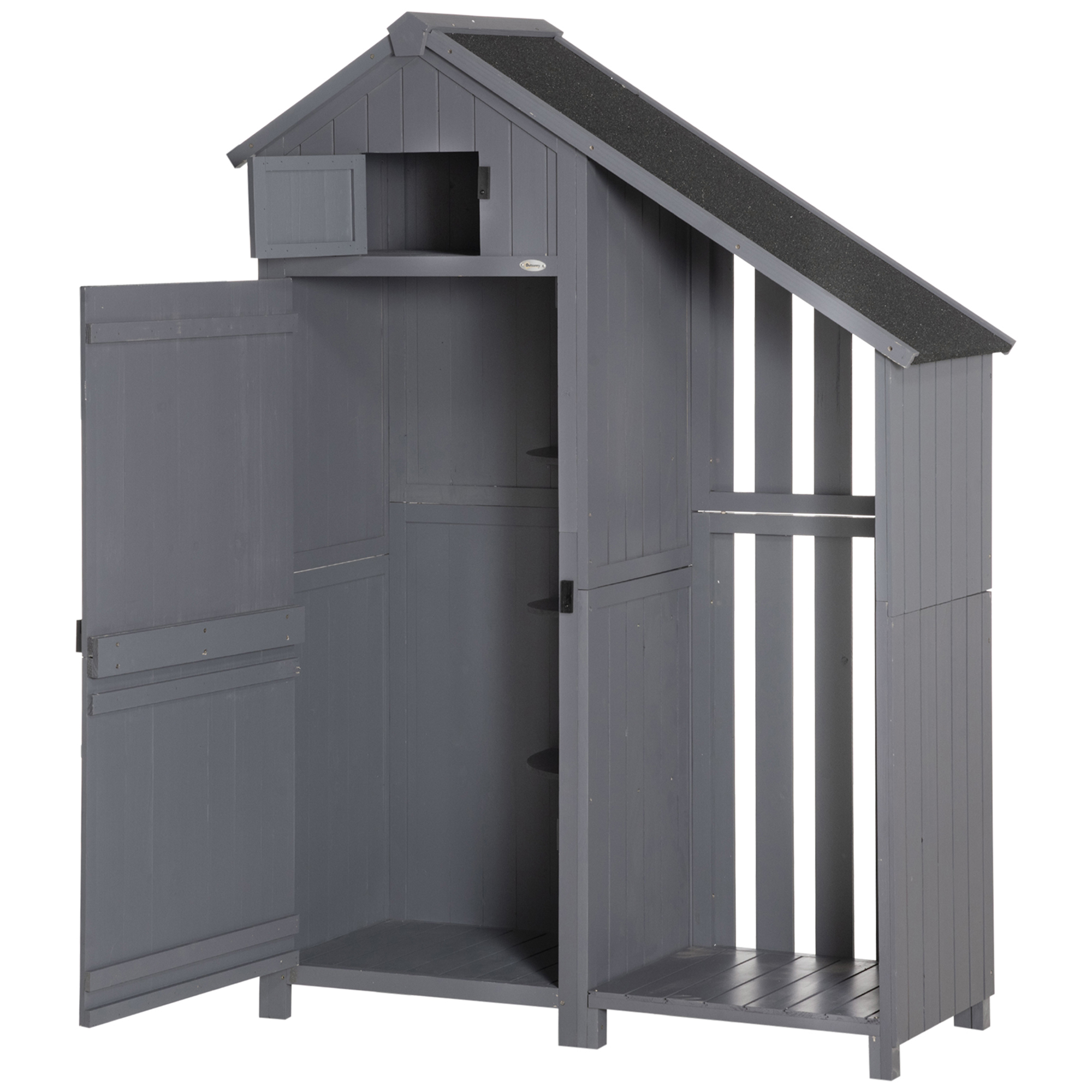 Outsunny tuinhuis gereedschapshuis gereedschapsschuur met opslagruimte voor brandhout gereedschapsschuur met 3 planken, grijs,130 x 54,5 x 180 cm