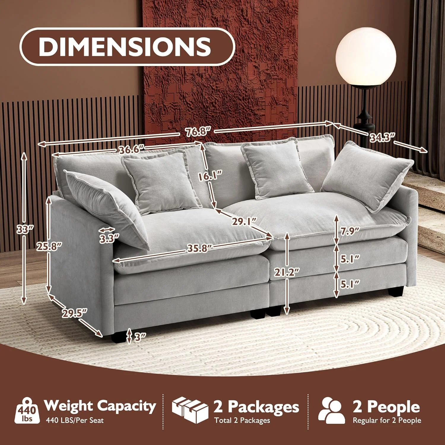 111.4 Inch L-Shaped Modern Sofa Modular Cloud Sofa Ottoman 4-Seater Chenille Deep Seat Sofa