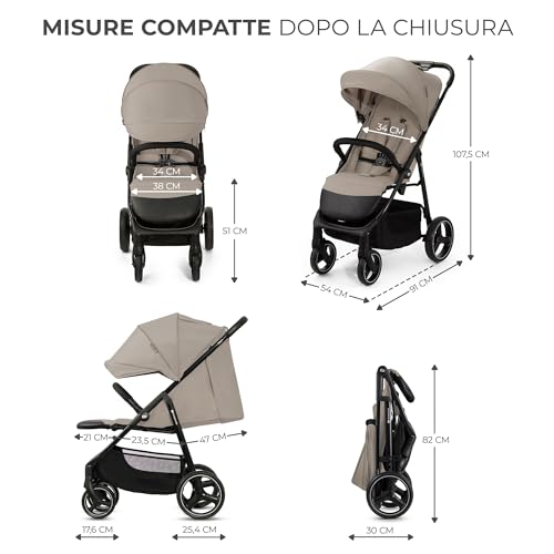 Kinderkraft TRIG 3 Passeggino Leggero, Pieghevole, Posizione Distesa, Posizione Reclinata, Sospensione 4 Ruote, Cinture di sicurezza a 5 punti, Bambini, Fino a 25 kg, Beige : Prima infanzia